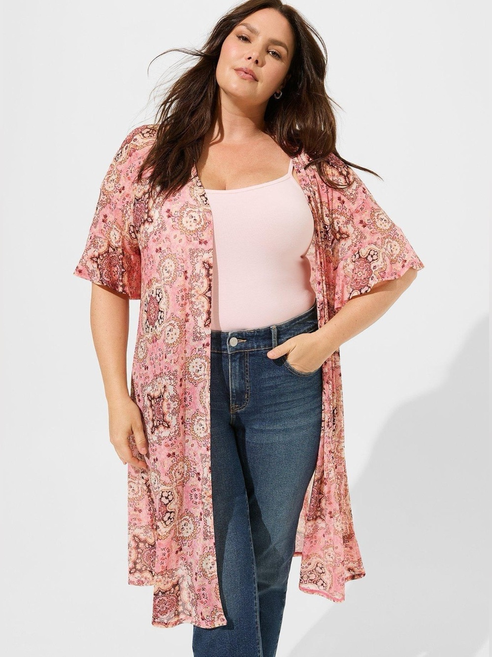 Torrid Mesh Ruffle Sleeve Kimono Pink Printed Short Sleeve 3X/22-24 lightweight